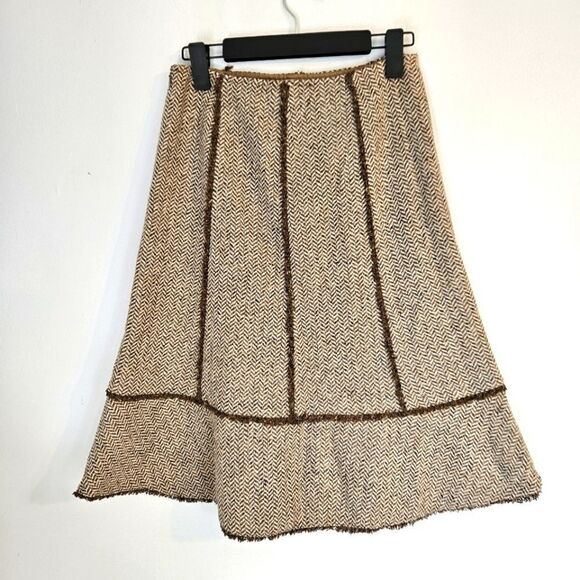 Vintage Ann Taylor LOFT Silk Wool Tan Brown Herringbone Tweed A-Line Skirt 4P - Picture 2 of 7